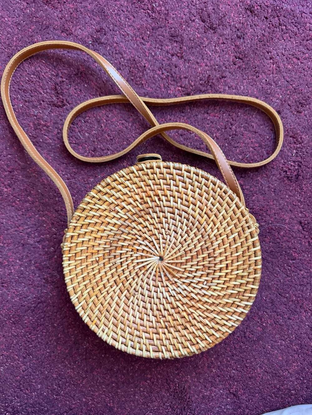 Round Rattan Bali Crossbody Bag Boho Woven Straw Purse Tan Leather Strap